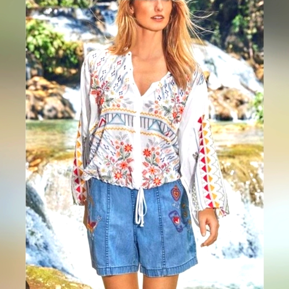 Johnny Was Embroidered White Boho Top, L, NWT
